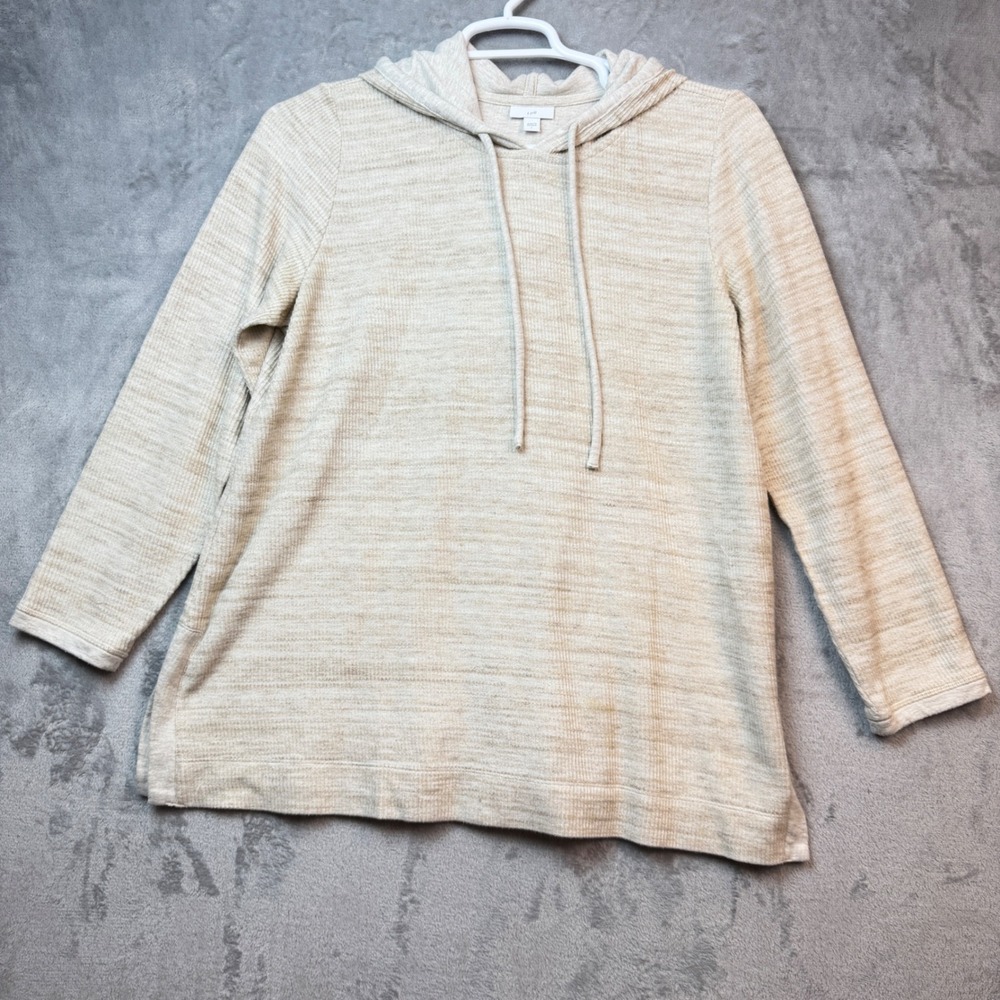 J. Jill Hoodie Sweatshirt Womens L Beige Heathered Ribbed Knit Casual Pullover